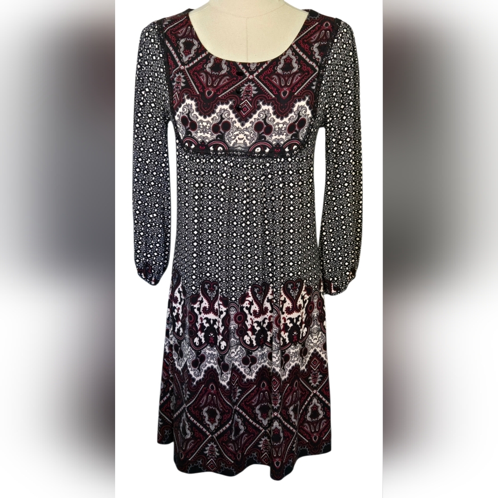 TwentyOne Black, Burgundy & White Vintage Boho Mini Dress ~EPLC